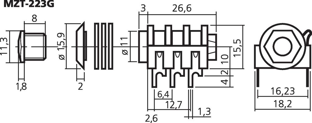 MONACOR MZT-223G 6,3-mm-Stereo-Klinken-Einbaubuchse