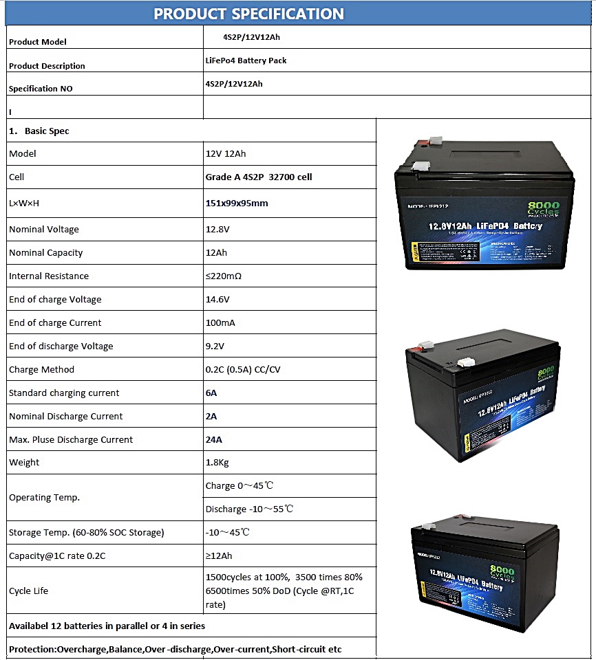 LifePO4 12V 12Ah Lithium Eisenphosphat Akkumulator mit Batteriemanagementsystem 8000Cycles
