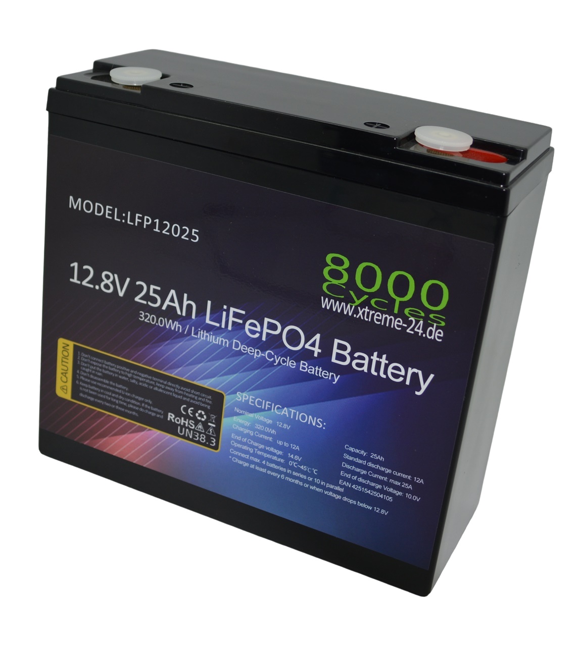 LifePO4 12V 25Ah 320Wh Lithium Eisenphosphat Akkumulator mit Batteriemanagementsystem 8000Cycles BMS wie 18Ah 20Ah 24Ah 