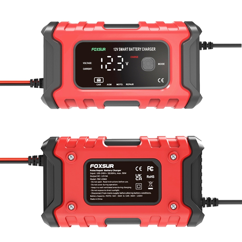 Foxsur Batterie Ladegerät 12V 6A Blei-Säure AGM GEL SLA Impuls Reparatur für KFz und Motorrad und Wohnmobil